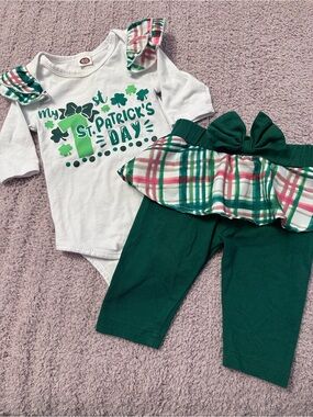☘️ My 1st St. Patrick’s Day Outfit Plaid Ruffle Set Green Girls 3-6M *